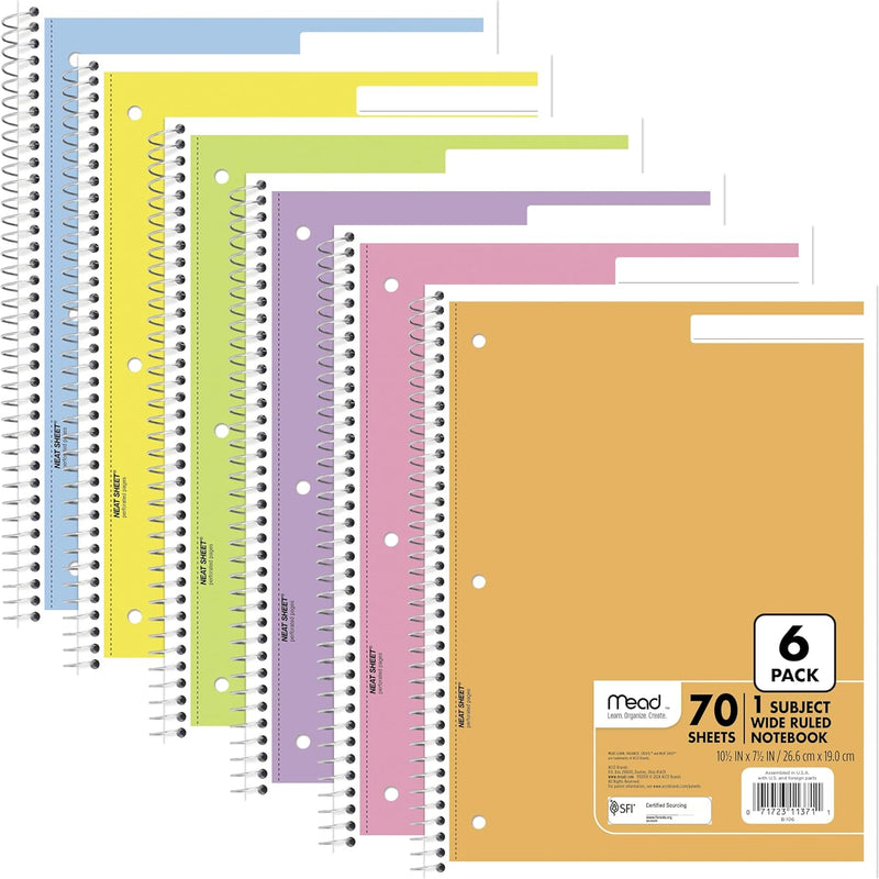 Mead Spiral Notebook, 6 Pack, 1 Subject, College Ruled Paper, 7-1/2" x 10-1/2", 70 Sheets per Notebook, Assorted Pastel Colors (830049)