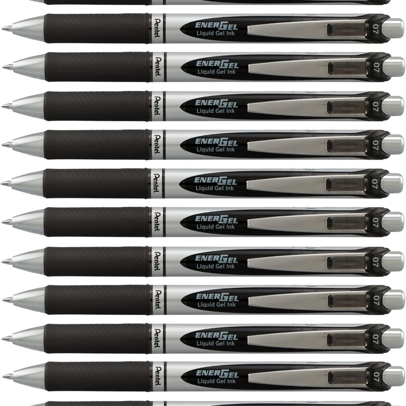 Pentel EnerGel RTX Retractable Liquid Gel Pen, (0.7mm) Medium Line, Metal Tip, Black Ink, Box of 12 (BL77-A)