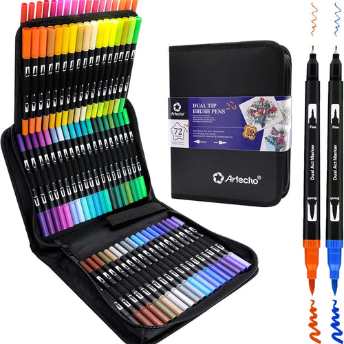 Artecho 72 Colors Markers for Adult Coloring Books, Dual Tip Markers for School, Fine and Brush Tip for Adults Coloring Books, Calligraphy, Drawing, Sketching