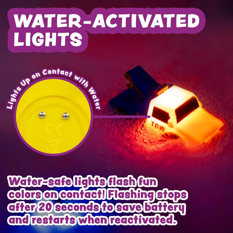 Tub Works Emergency Cars Light Up Bath Toys, 6 Pack, Water-Activated Lights, Soft and Squeezable