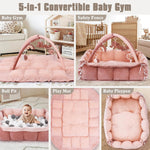 5-in-1 Plush Baby Play Gym, Baby Play Mats, Convertible Baby Gym, Tummy time mat, 6 Sensory Toys, Activity Center, Ball Pit, Pink