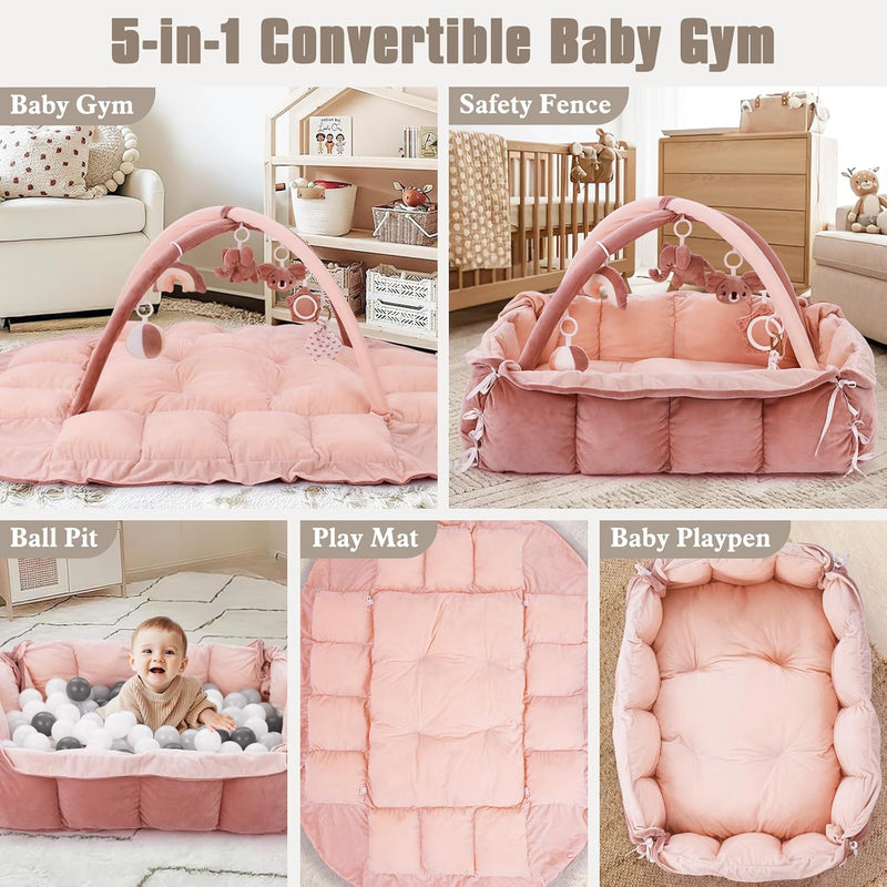 5-in-1 Plush Baby Play Gym, Baby Play Mats, Convertible Baby Gym, Tummy time mat, 6 Sensory Toys, Activity Center, Ball Pit, Pink