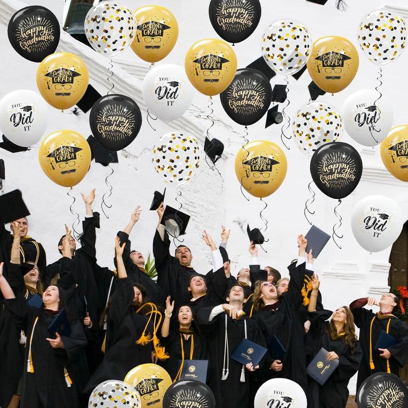 75-pack Black Gold Graduation Party Decorations Balloons with Ribbons for College or High School Party Supplies