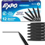 EXPO Wet Erase Markers, Semi-Permanent, Black, Ultra Fine Tip, 12 Count - For Writing on Glass, Whiteboards, Mirrors, Calendar, Labeling, Organizing