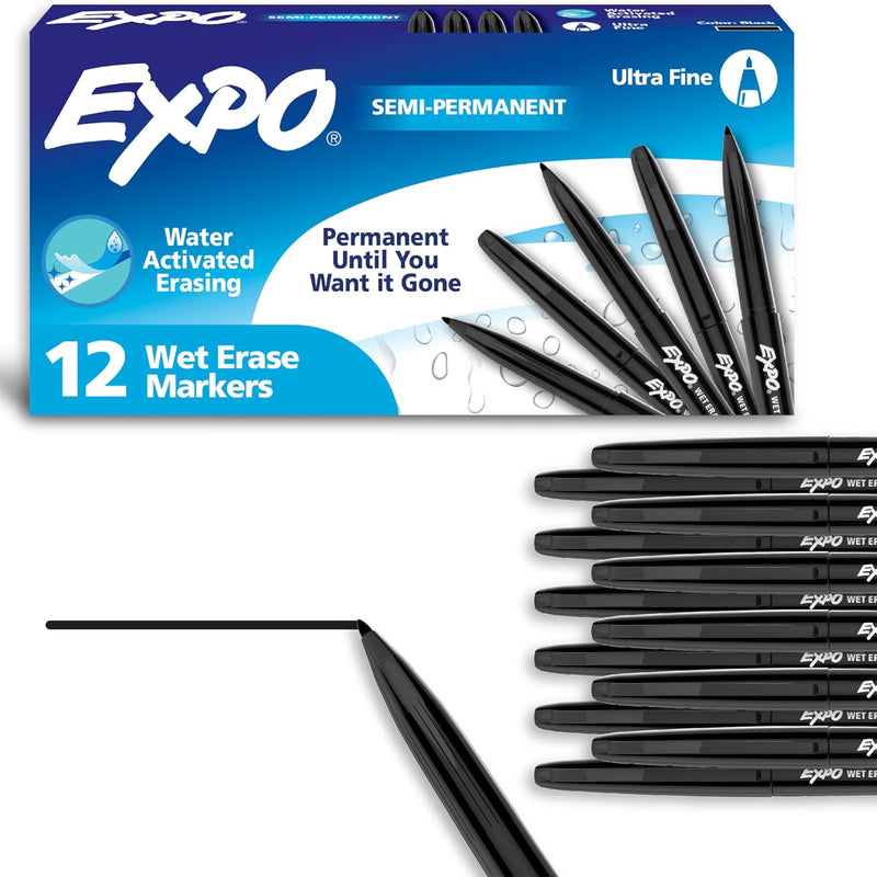 EXPO Wet Erase Markers, Semi-Permanent, Black, Ultra Fine Tip, 12 Count - For Writing on Glass, Whiteboards, Mirrors, Calendar, Labeling, Organizing