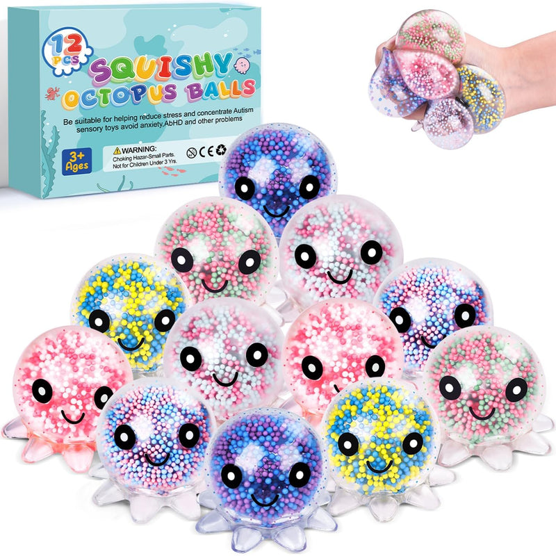 VESPRO 12 Pack Fidget Stress Balls for Adults, Cute Octopus Stress Sensory Stress Ball, Bulk Squishy Squeeze Ball Toys Set for Classroom Prizes and Birthday Party Favors