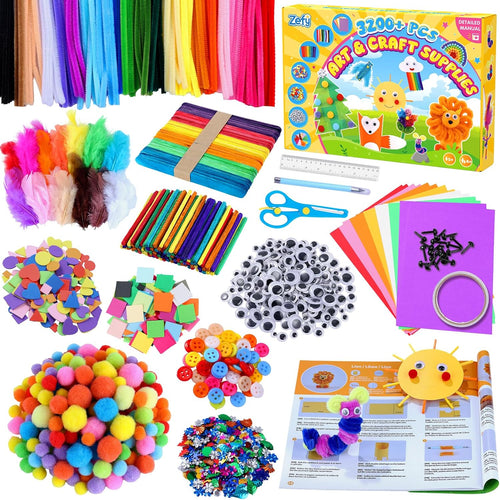 Zefy 3200+ Pcs Arts and Crafts Supplies for Kids, All in One Craft Kits | DIY School Supplies Kit with 12 Crafts Design, Craft Box Easter Gifts for Girls Boys Ages 4-12