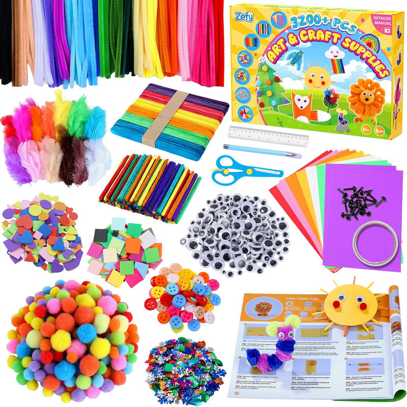 Zefy 3200+ Pcs Arts and Crafts Supplies for Kids, All in One Craft Kits | DIY School Supplies Kit with 12 Crafts Design, Craft Box Easter Gifts for Girls Boys Ages 4-12