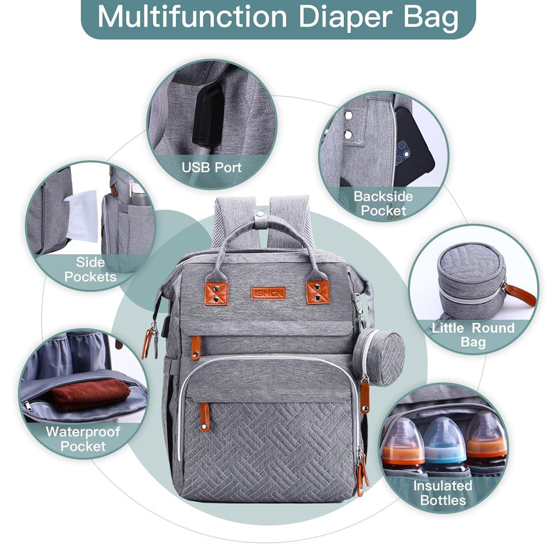ISMGN Diaper Bag Backpack with Changing Station, Baby Bag for Mom, Grey | Baby Diaper Bag, Large Diaper Bag Backpack, Baby Bags for Boys Girls, Mens Diaper Bag, Diaper Backpack for Women