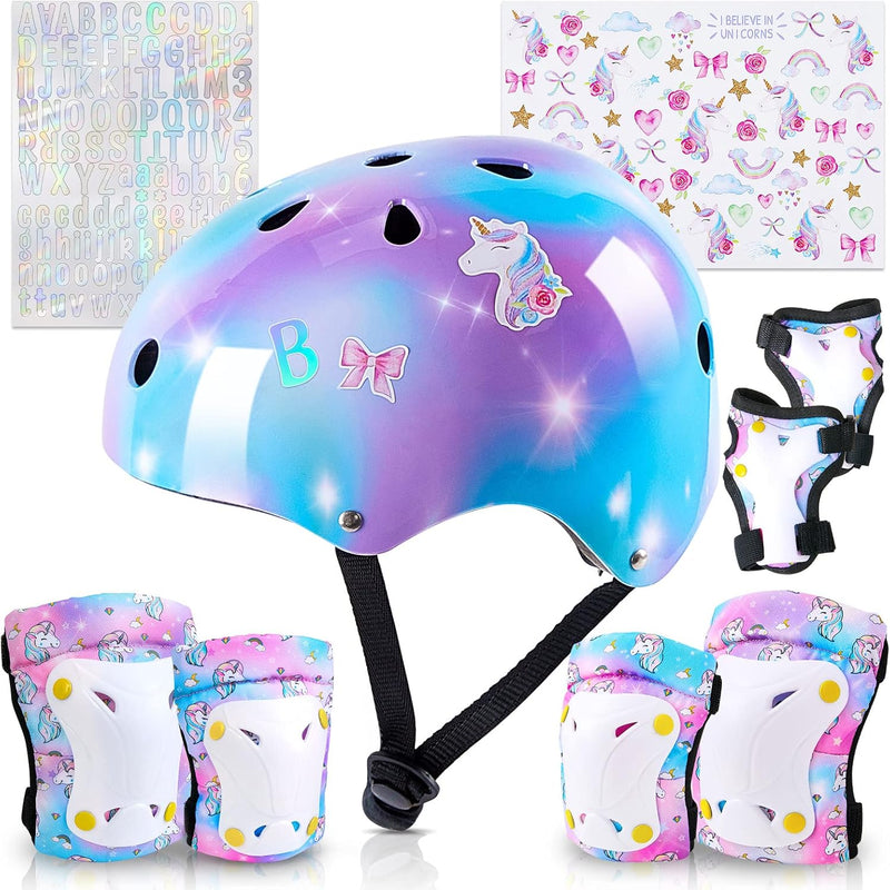 Kids Unicorn Helmet Set for Girls Age 3-8, Adjustable Protective Gear with Stickers for Roller Skates, Bicycle, Skateboarding, Scooter, Multiple Sports