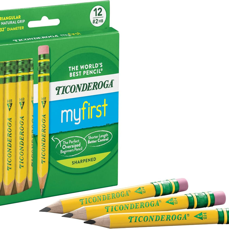 Ticonderoga My First Half-Size Wooden Pencils, 12 Pencils/Pack, 1 Pack | Large Triangle-Barrel Pre-Sharpened #2 (HB) Short 4.5" Yellow Pencils with Erasers, X33012