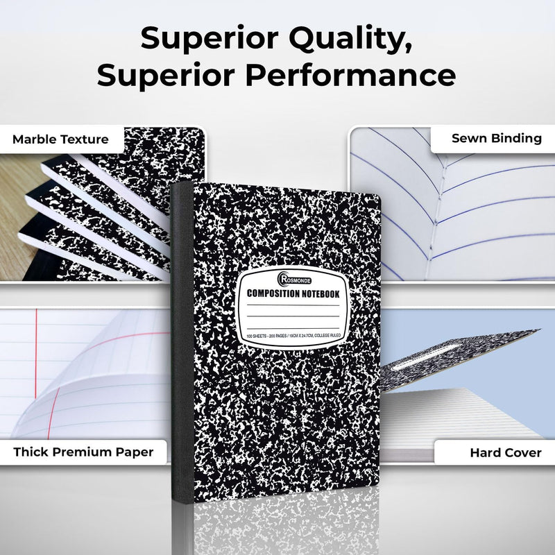 Rosmonde College Ruled Composition Notebooks 5 Pack, 200 Pages (100 Sheets), 9-3/4" x 7-1/2", White & Black Marble Composition Book, Hard Cover, Sturdy Sewn Binding, School, College & Office Supplies