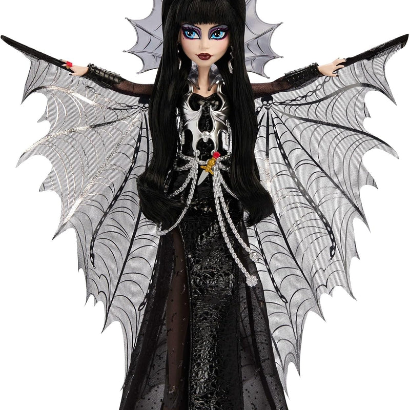 Monster High Doll, Elvira, Mistress of the Dark Collectible in Black Faux Leather Dress with Silvery Batwing Cape and Premium Accessories
