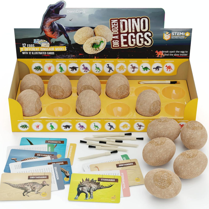 Dan&Darci Dig a Dozen Dino Egg Kit for 3-12 year olds, 12 Eggs & Surprise Dinosaurs, Science STEM Activities - Dinosaur Toys Gift