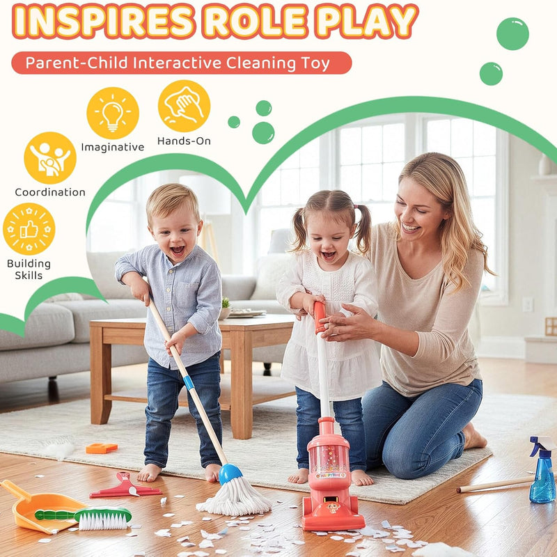Meland 8-Piece Kids Cleaning Set with Toy Vacuum and Broom | Toddler-size broom and toy vacuum encourage household role play, coordination and pretend play, gift for boys girls ages 3-6