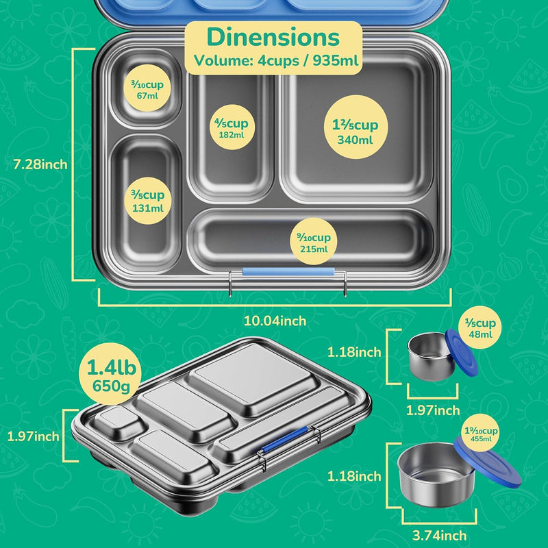 AOHEA Stainless Steel Bento Box Kids, Kids Metal Bento Lunch Box BPA Free Lunch Box Containers 304 Stainless Steel Bento Box for School and Office(Bule)