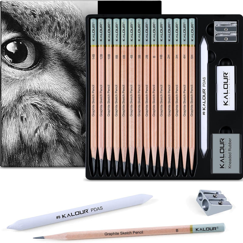 KALOUR 18-Piece Professional Sketch Pencil Set - Includes 5H to 14B Pencils, Vinyl Eraser, Kneaded Eraser,Sharpener and Paper Blending Stump - Ideal for Artists and Beginners