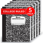 Rosmonde College Ruled Composition Notebooks 5 Pack, 200 Pages (100 Sheets), 9-3/4" x 7-1/2", White & Black Marble Composition Book, Hard Cover, Sturdy Sewn Binding, School, College & Office Supplies