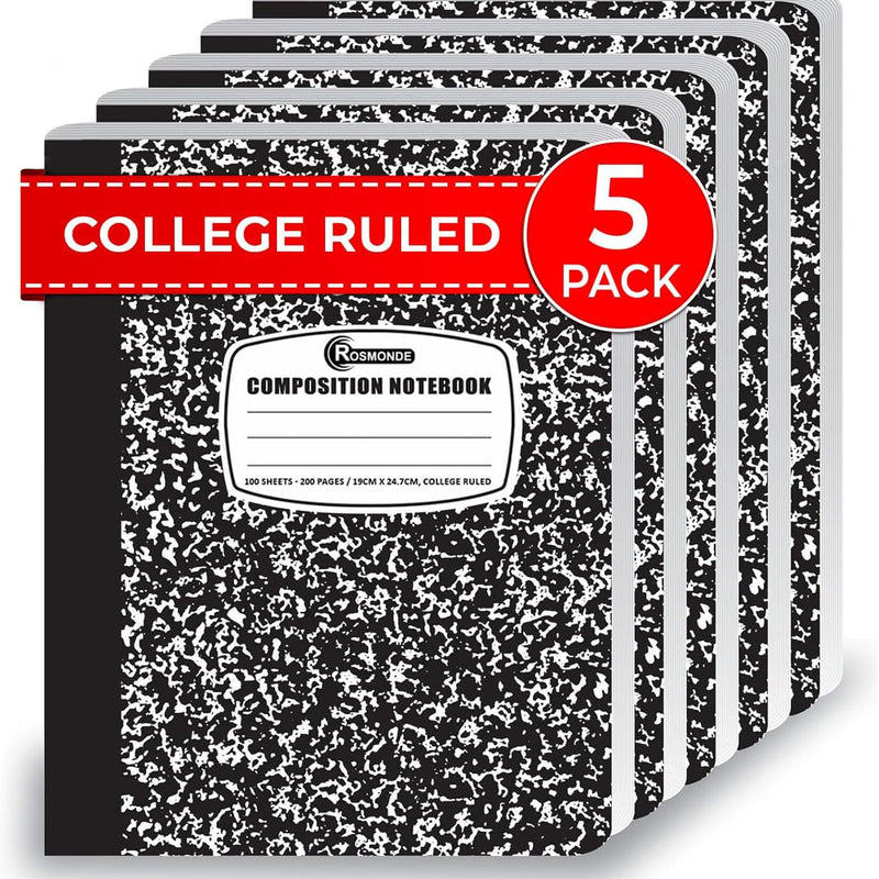 Rosmonde College Ruled Composition Notebooks 5 Pack, 200 Pages (100 Sheets), 9-3/4" x 7-1/2", White & Black Marble Composition Book, Hard Cover, Sturdy Sewn Binding, School, College & Office Supplies