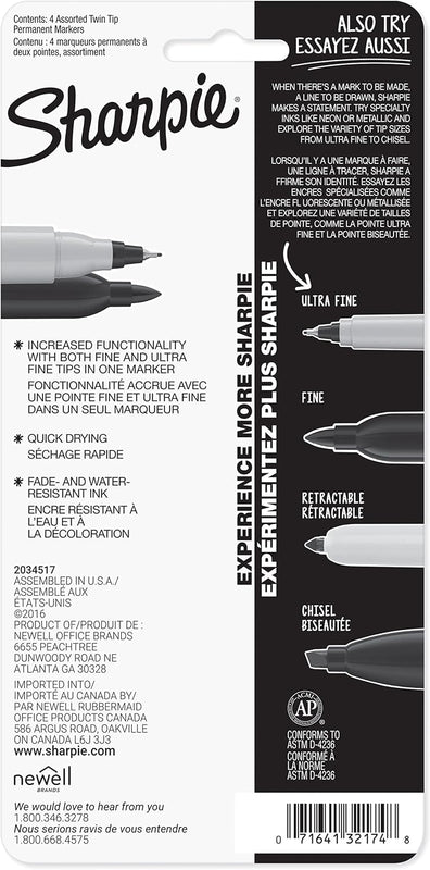 Sharpie Twin Tip Permanent Markers, Fine and Ultra Fine, Black, 4 Count