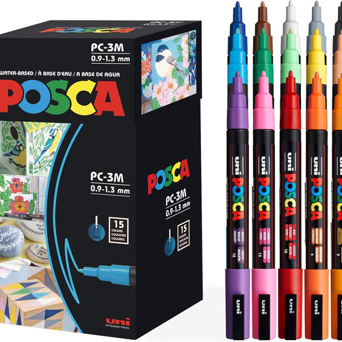 posca Paint Markers, 3M Fine Point Acrylic Paint Pens with Reversible Tips, Art Supplies For Gifts, Decorations Fabric, Metal, Glass, Wood and Canvas, Set of 15