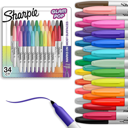 Sharpie Glam Pop Permanent Markers, Fine Tip, Assorted Colors, 34 Count - Arts & Crafts, Coloring, Drawing, Writing
