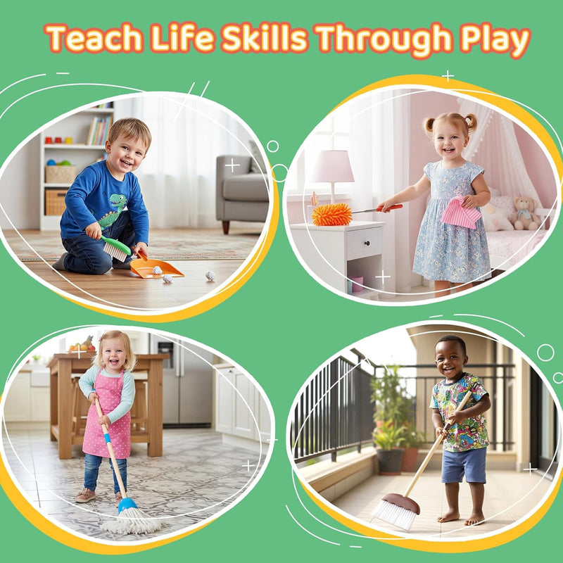 Meland 8-Piece Kids Cleaning Set with Toy Vacuum and Broom | Toddler-size broom and toy vacuum encourage household role play, coordination and pretend play, gift for boys girls ages 3-6