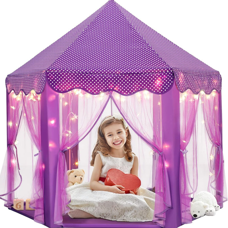 Sumbababy Princess Castle Tent for Girls Fairy Play Tents for Kids Hexagon Playhouse with Fairy Star Lights Toys for Children or Toddlers Indoor or Outdoor Games (Pink)