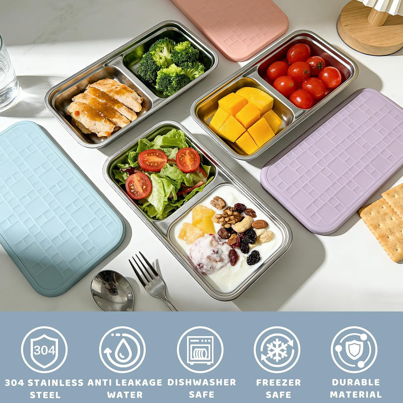 3 Pack Stainless Steel Snack Containers for Kids, Reusable Snack Containers with Silicone Lids, 2 Compartment Toddler Snack Containers for Daycare, School Lunch and Travel, 15 oz