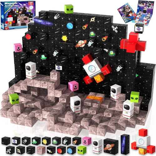 Goody King 100PCS Space Rocket Magnetic Building Blocks |Space Adventure Magnetic Blocks Set, STEM Montessori Stacking Toy, Building Playsets for Boys and Girls Ages 3-10,Sensory Tile Birthday Gifts