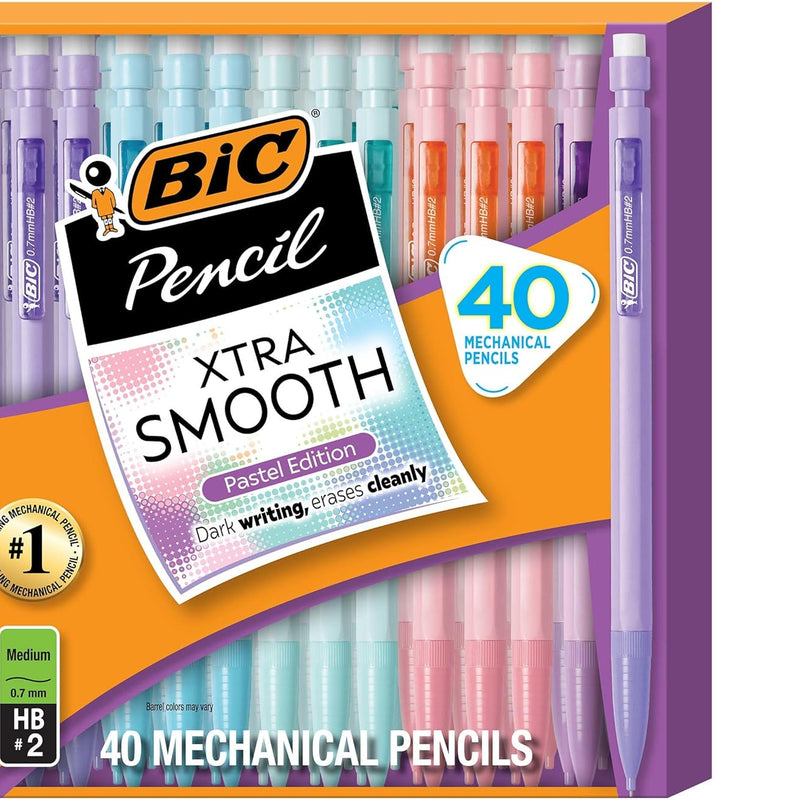 BIC Xtra-Smooth Pastel Mechanical Pencils with Erasers, Medium Point (0.7 mm), Bulk School Supplies for Students and Teachers, 40-Count Pack