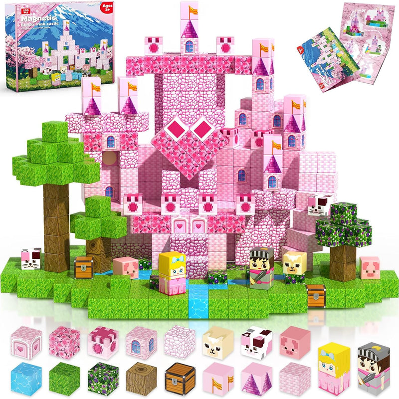 Magnetic Blocks - 100Pcs 0.8in Magnetic Building Block for Kids Ages 4-8, Transparent Magnet Block Blue Princess Castle, Frozen Magnetic Cubes Tiles Princess Toy for Girl 3 4 5 6 7 8-12 Birthday Gift