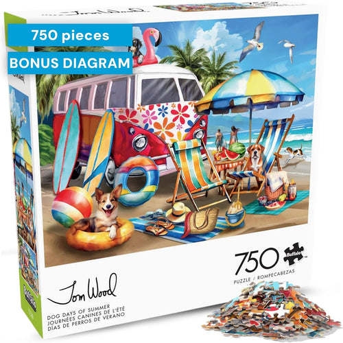 Buffalo Games – Dog Days of Summer by Tom Wood 750 Piece Jigsaw Puzzle for Adults – Precision-Cut Pieces, Beautiful Artwork, and Hours of Relaxing Fun - Relaxing Beach Day with The Family Pet