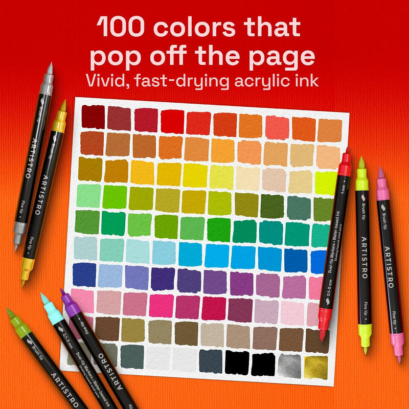 ARTISTRO Acrylic Glass Markers for Wine Glasses and Drinkware (100 Pack), Vibrant Dual Tip Paint Pens for Party Charms & Bar Tools (Brush + Fine Tips)