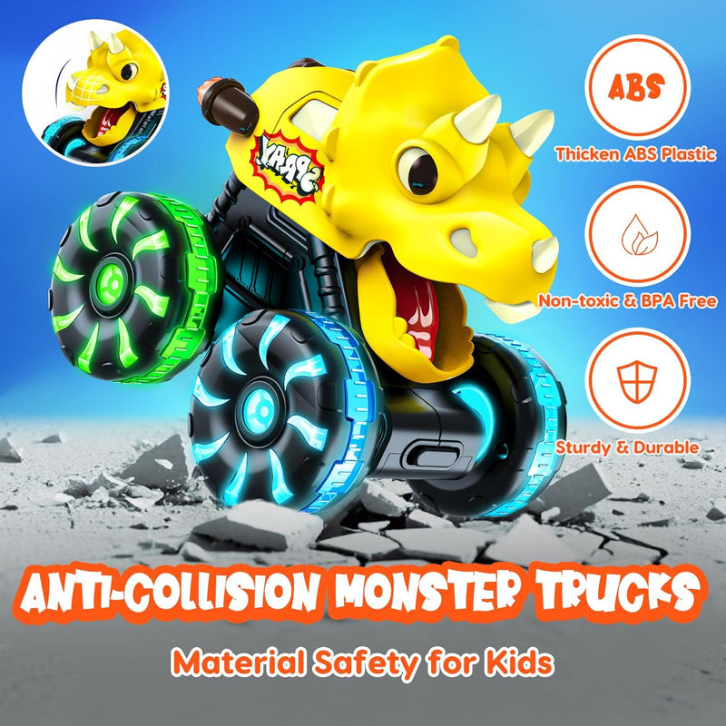 Monster Truck Toys with Dinosaurs for Toddlers 1-3, Press-and-Go Lights-Up Trucks