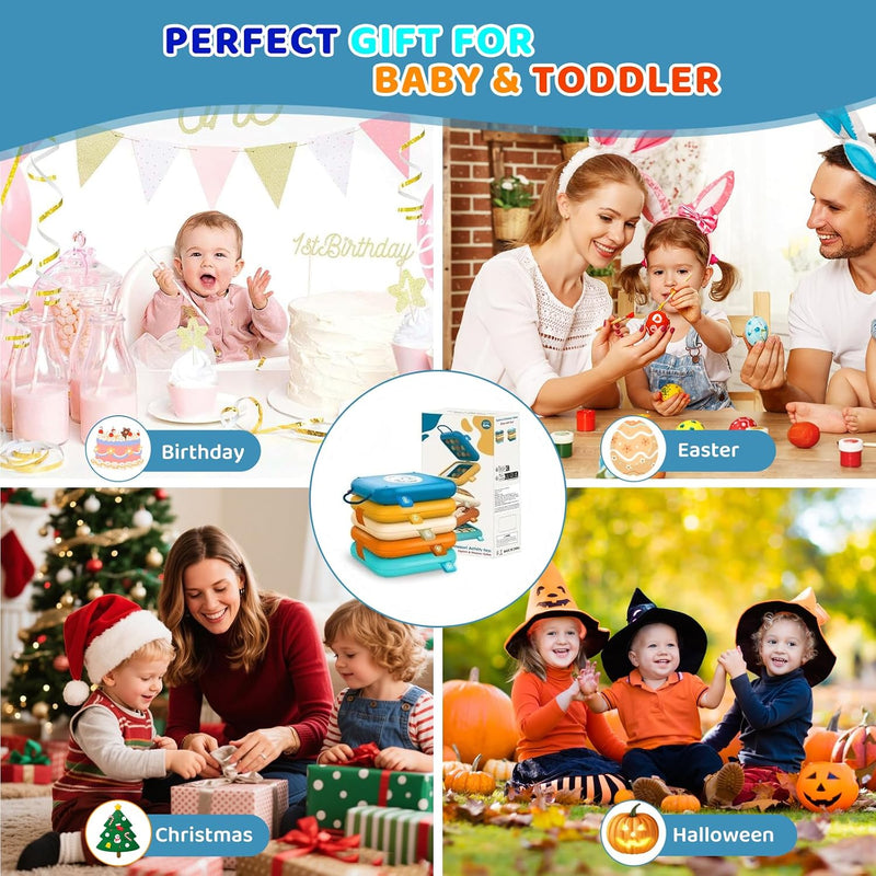 Portable Travel Toys for Baby 6-18M: 5 Foldable Cubes 7 Activity Panels | Busy Board for Car Seat & Airplane Trips - Builds Sensory Fine Motor Skills - Gifts for Baby Birthday Christmas