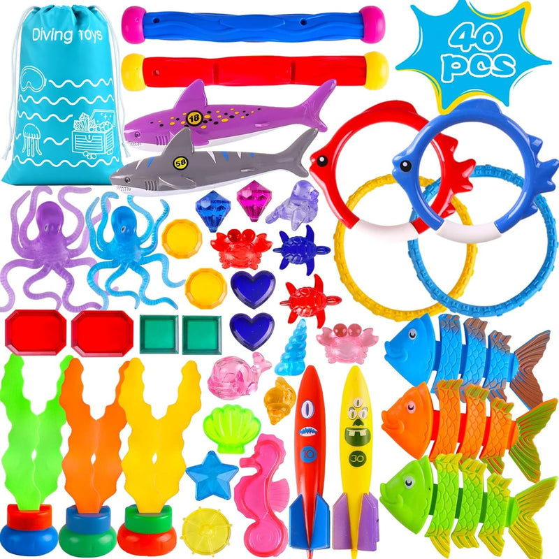 20Pcs Summer Pool Diving Swimming Toys for Kids Ages 3-12, Fun Swim Games Sinking Set, Underwater Dive Gifts with Storage Bag Include Torpedo Gems Shark Rings Sea Animals for Boys Girls