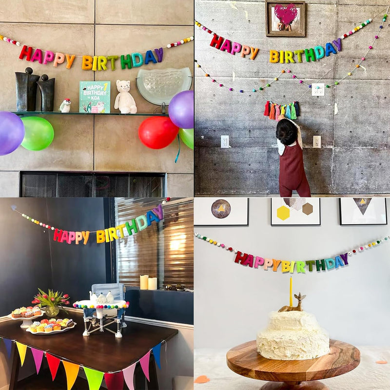 Pre-Strung Happy Birthday Banner - Felt Ball Garland, Reusable Rainbow Party Decorations for Kids Room Decor