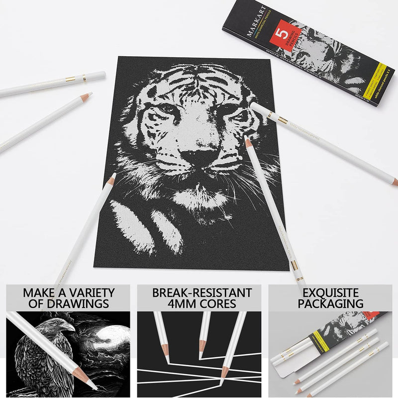 MARKART Professional White Charcoal Pencils Set, 5 Pieces Sketch Highlight Charcoal Pencils for Drawing, Sketching, Shading, Blending, White Chalk Pencils for Beginners & Artists