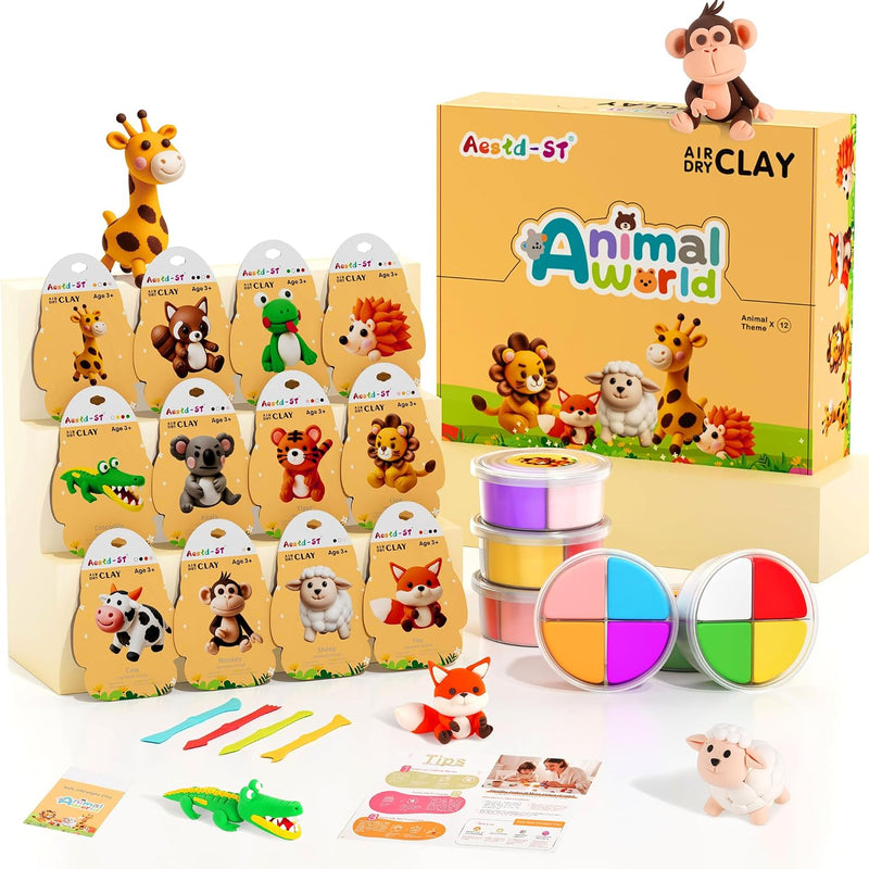 Aestd-ST Air Dry Clay Kit - Animal Theme, Modeling Clay for Kids | DIY Magic Clay with Sculpting Tools and Tutorials, 12 Boxes Molding Clay, Soft & Non-Sticky, Arts and Crafts Gift for Kids