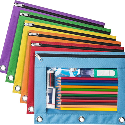 Forvencer 6 Pack Pencil Pouches for 3 Ring Binder, Smooth Zipper 3 Ring Binder Pencil Pouch, Multi-Color Pencil Case for Binder, Clear Top Binder Pencil Pouch, Pencil Bag with 3 Re-enforced Grommets
