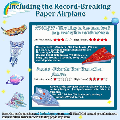 16-Design Paper Airplane Kit with FSC Certified Paper, Digital Manual, Perfect for Kids Ages 6-12.