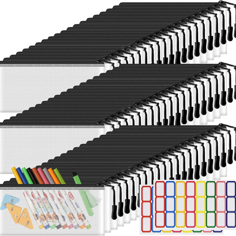 YOPCDJ 24 Pack Mesh Zipper Pouch Bags Small, Zipper Pencil Pouches, 9.2 x 4.7 in Clear Pencil Pouch Bulk, Pencil Bags with Zipper for Travel Storage, Black