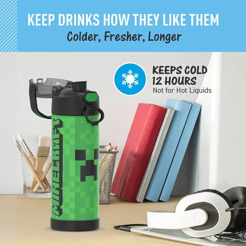 THERMOS FUNTAINER Water Bottle with Spout, 16oz, Minecraft | Kids Stainless Steel Insulated Water Bottle, Keeps Drinks Cold Longer for School & Play, BPA-Free