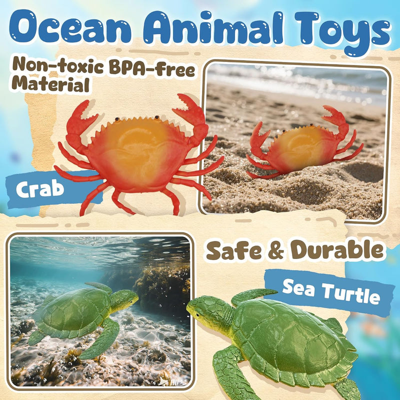 Ocean Sea Life Toy Figures Set for Kids, 12 PCS Realistic Marine Animals with Shark, Dolphin, Sea Turtle, Penguin, Seal, Clownfish, Crab, Ocean Animal Figure Toys for Boys Girls Toddlers