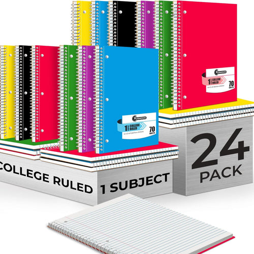 Rosmonde Spiral Notebook, 24 Pack, 1 Subject, College Ruled, 70 Sheets, 8 x 10-1/2", 3 Hole Punched, Bulk College Ruled Notebooks for School, Single Subject Spiral Notebook Bulk, Assorted Colors