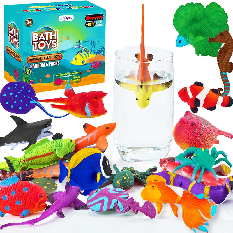 Color Changing No Hole Bath Toys with 2 Glow in The Dark Toys & Bath Book | Bath Toys for Kids Toddlers, Color Changing Squishy Sea Animal Bathtub Toys, Water Table Toys Sea Creatures Fish Toys