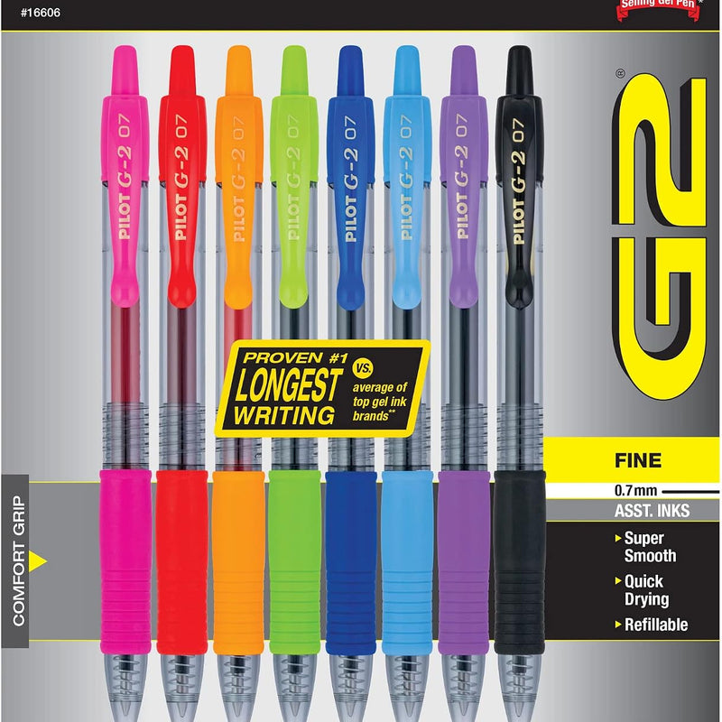 Pilot G2 Premium Refillable And Retractable Gel Ink Pens, Fine Point (0.7mm), 8 Colors, 8 Count (16606)