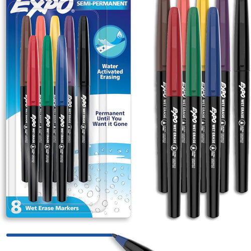 EXPO Vis-a-Vis Wet Erase Markers, Semi-Permanent, Assorted Colors, Ultra Fine Tip, 8 Count - For Writing on Glass, Whiteboards, Mirrors, Calendar, Labeling, Organizing