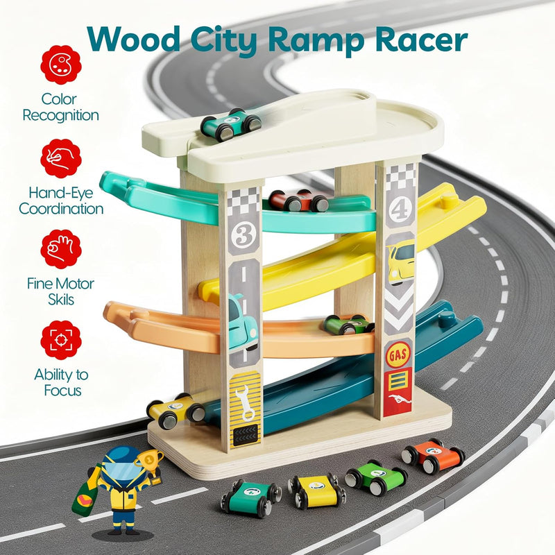 TOP Bright Toddler Wooden Race Track Car Ramp Toys with 4 Mini Cars and 1 Car Garage